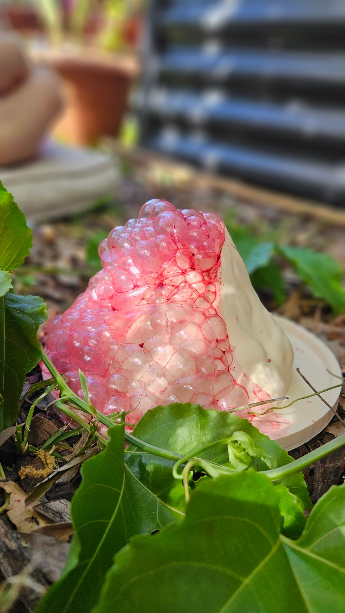 3D printed play volcano with base tray for potion fizz