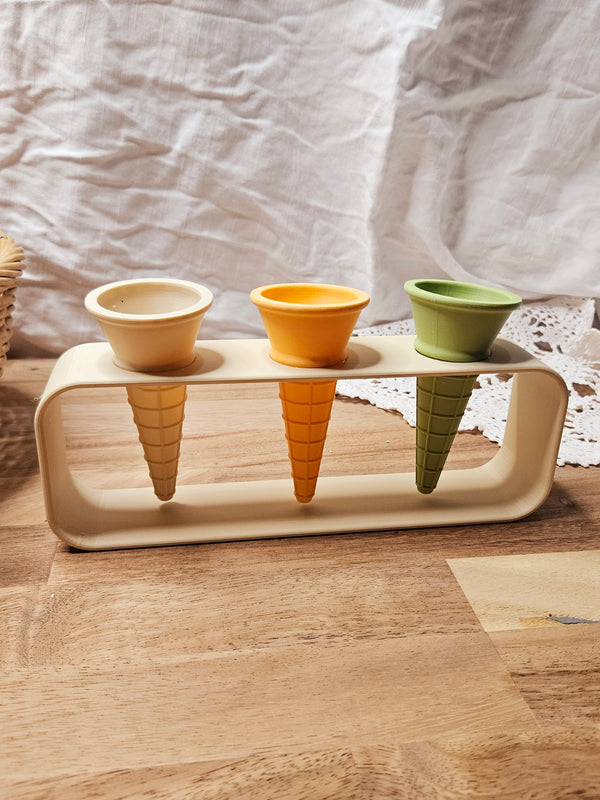 Ice cream cone holder set with three cones for playdough play